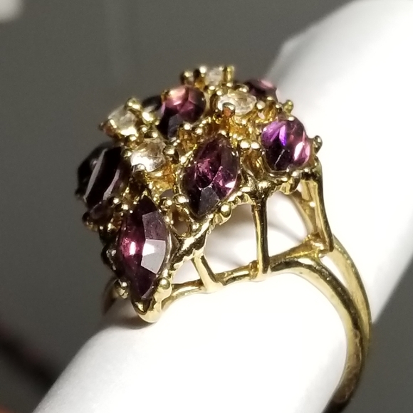 Relisted -Vintage purple gems ring 18k HGE cluster gold tone cocktail statement - Picture 6 of 15